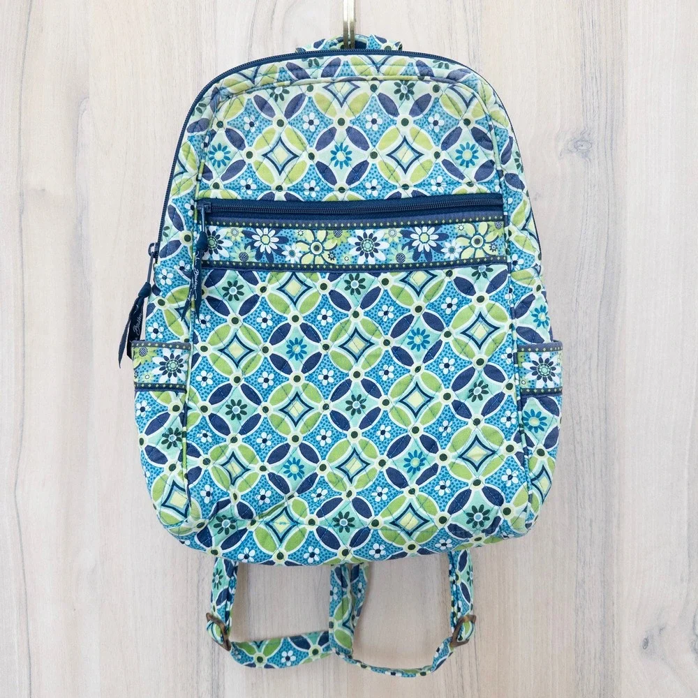 Vera Bradley Daisy Daisy Quilted Backpack Blue Green Geometric Floral Boho Artsy